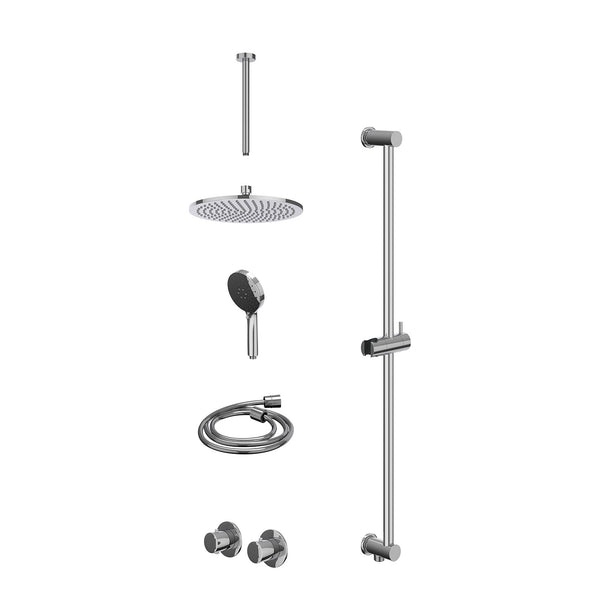Excl. inbouwbox regendoucheset inbouwthermostaatkraan met 2-weg stop-omstel symmetry, 30cm plafondbuis, R25cmME, glijstang met uitlaat, doucheslang 150cm en 3-standen handdouche