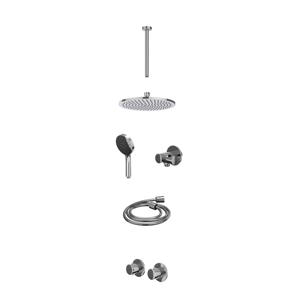 Excl. inbouwbox regendoucheset inbouwthermostaatkraan met 2-weg stop-omstel symmetry, 30cm plafondbuis, R25cmME, verstelbare steun met geïnt. uitlaat, doucheslang 150cm en 3-standen handdouche