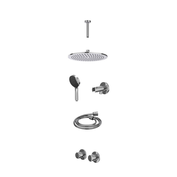 Excl. inbouwbox regendoucheset inbouwthermostaatkraan met 2-weg stop-omstel symmetry, 15cm plafondbuis, R30cmME, houder met uitlaat, doucheslang 150cm en 3-standen handdouche