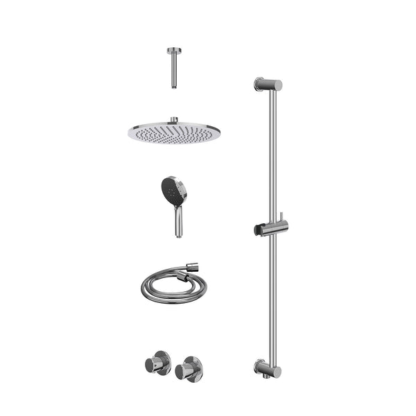 Excl. inbouwbox regendoucheset inbouwthermostaatkraan met 2-weg stop-omstel symmetry, 15cm plafondbuis, R30cmME, glijstang met uitlaat, doucheslang 150cm en 3-standen handdouche