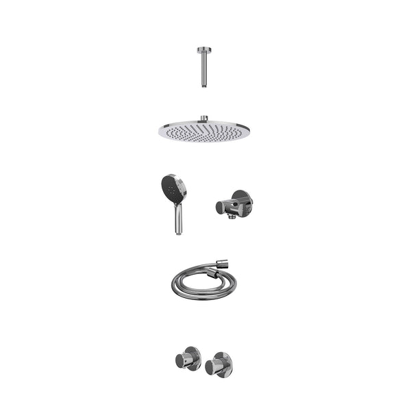Excl. inbouwbox regendoucheset inbouwthermostaatkraan met 2-weg stop-omstel symmetry, 15cm plafondbuis, R30cmME, verstelbare steun met geïnt. uitlaat, doucheslang 150cm en 3-standen handdouche