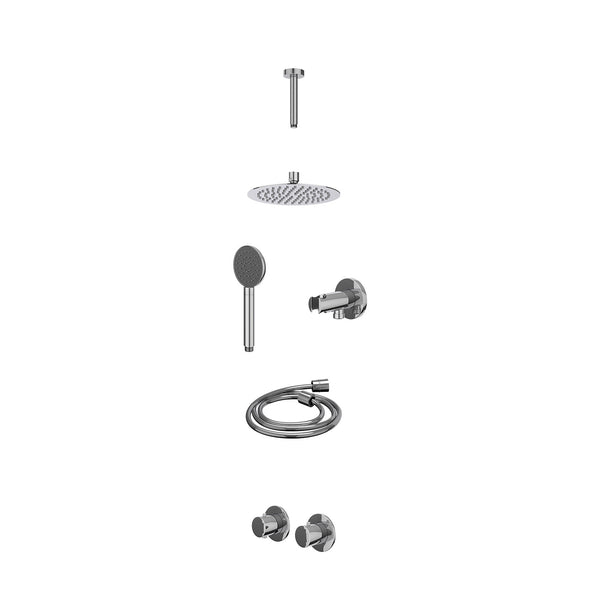 Excl. inbouwbox regendoucheset inbouwthermostaatkraan met 2-weg stop-omstel symmetry, 15cm plafondbuis, R20cmSL, houder met uitlaat, doucheslang 150cm en satin spray handdouche