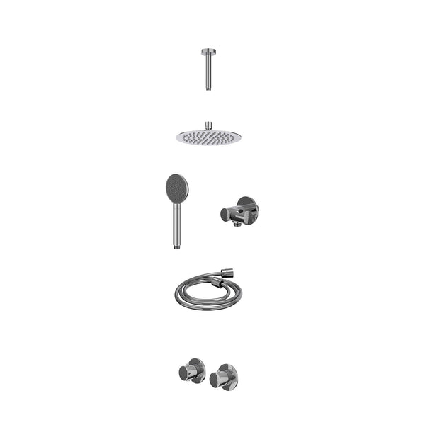 Excl. inbouwbox regendoucheset inbouwthermostaatkraan met 2-weg stop-omstel symmetry, 15cm plafondbuis, R20cmSL, verstelbare steun met geïnt. uitlaat, doucheslang 150cm en satin spray handdouche