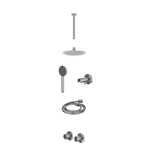 Excl. inbouwbox regendoucheset inbouwthermostaatkraan met 2-weg stop-omstel symmetry, 30cm plafondbuis, R20cmSL, houder met uitlaat, doucheslang 150cm en satin spray handdouche