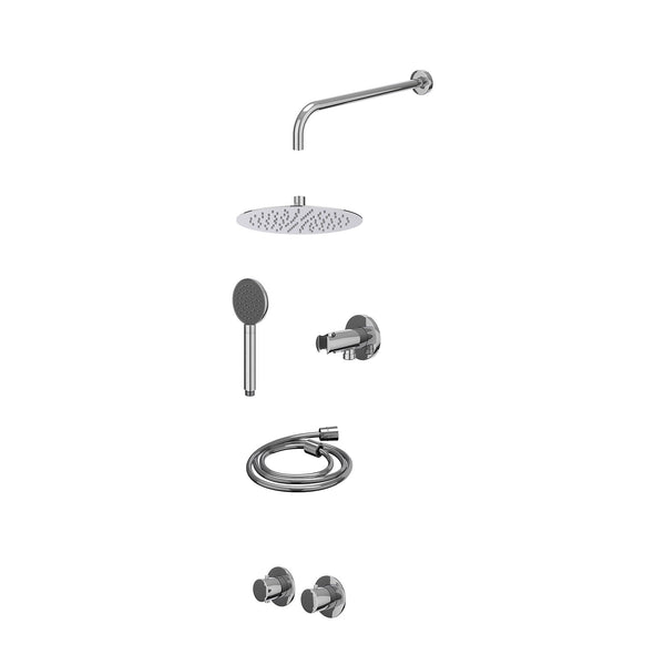 Excl. inbouwbox regendoucheset inbouwthermostaatkraan met 2-weg stop-omstel symmetry, 40cm wandarm, R25cmSL, houder met uitlaat, doucheslang 150cm en satin spray handdouche