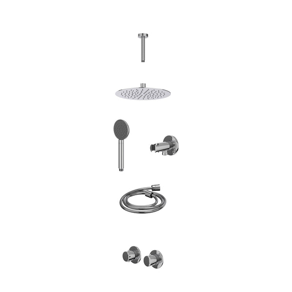 Excl. inbouwbox regendoucheset inbouwthermostaatkraan met 2-weg stop-omstel symmetry, 15cm plafondbuis, R25cmSL, houder met uitlaat, doucheslang 150cm en satin spray handdouche