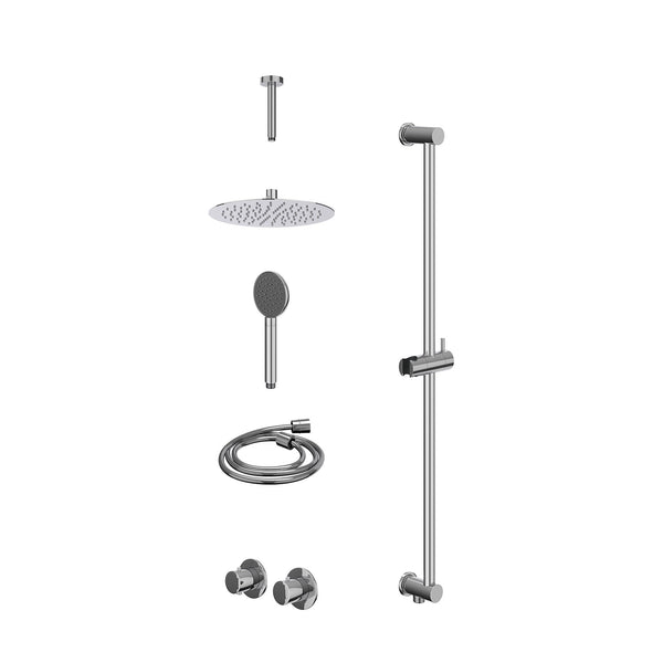 Excl. inbouwbox regendoucheset inbouwthermostaatkraan met 2-weg stop-omstel symmetry, 15cm plafondbuis, R25cmSL, glijstang met uitlaat, doucheslang 150cm en satin spray handdouche