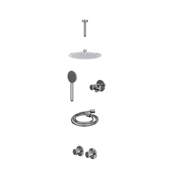 Excl. inbouwbox regendoucheset inbouwthermostaatkraan met 2-weg stop-omstel symmetry, 15cm plafondbuis, R25cmSL, verstelbare steun met geïnt. uitlaat, doucheslang 150cm en satin spray handdouche