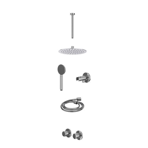 Excl. inbouwbox regendoucheset inbouwthermostaatkraan met 2-weg stop-omstel symmetry, 30cm plafondbuis, R25cmSL, houder met uitlaat, doucheslang 150cm en satin spray handdouche