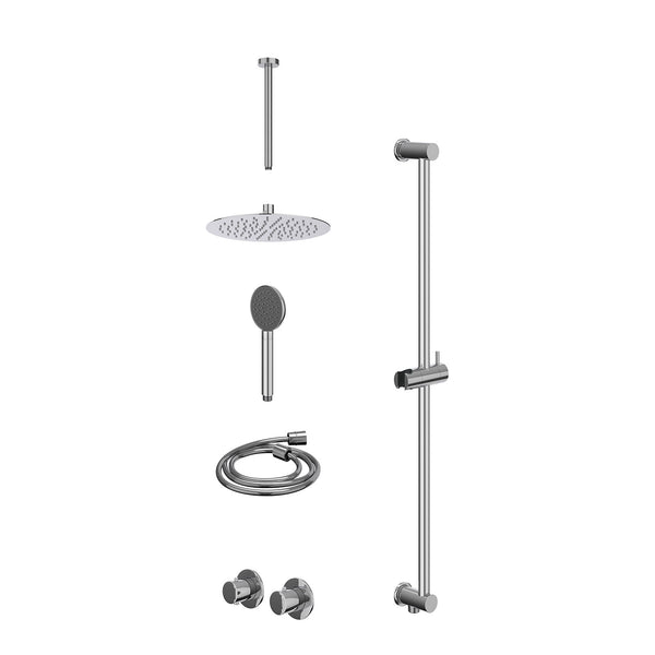 Excl. inbouwbox regendoucheset inbouwthermostaatkraan met 2-weg stop-omstel symmetry, 30cm plafondbuis, R25cmSL, glijstang met uitlaat, doucheslang 150cm en satin spray handdouche