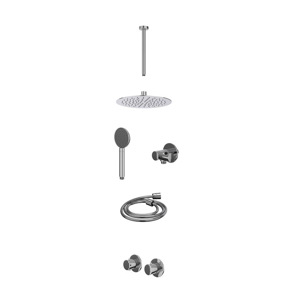 Excl. inbouwbox regendoucheset inbouwthermostaatkraan met 2-weg stop-omstel symmetry, 30cm plafondbuis, R25cmSL, verstelbare steun met geïnt. uitlaat, doucheslang 150cm en satin spray handdouche