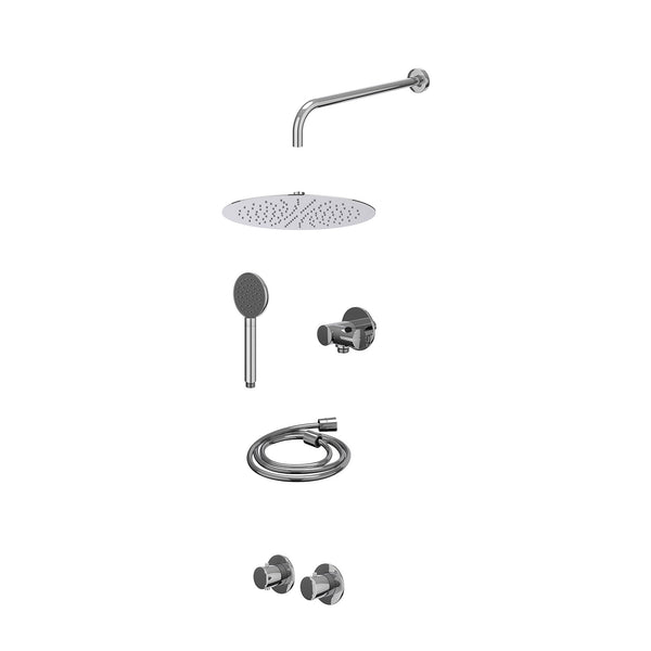 Excl. inbouwbox regendoucheset inbouwthermostaatkraan met 2-weg stop-omstel symmetry, 40cm wandarm, R30cmSL, verstelbare steun met geïnt. uitlaat, doucheslang 150cm en satin spray handdouche