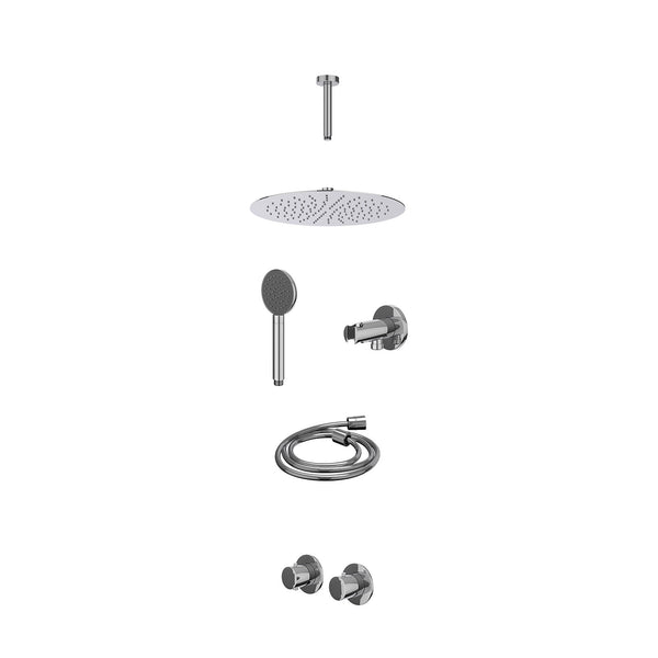 Excl. inbouwbox regendoucheset inbouwthermostaatkraan met 2-weg stop-omstel symmetry, 15cm plafondbuis, R30cmSL, houder met uitlaat, doucheslang 150cm en satin spray handdouche