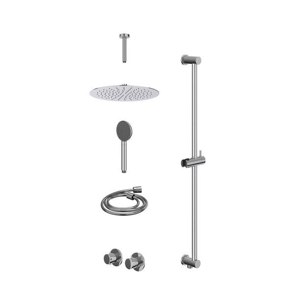 Excl. inbouwbox regendoucheset inbouwthermostaatkraan met 2-weg stop-omstel symmetry, 15cm plafondbuis, R30cmSL, glijstang met uitlaat, doucheslang 150cm en satin spray handdouche