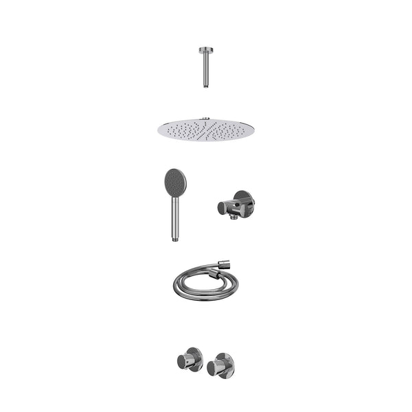 Excl. inbouwbox regendoucheset inbouwthermostaatkraan met 2-weg stop-omstel symmetry, 15cm plafondbuis, R30cmSL, verstelbare steun met geïnt. uitlaat, doucheslang 150cm en satin spray handdouche