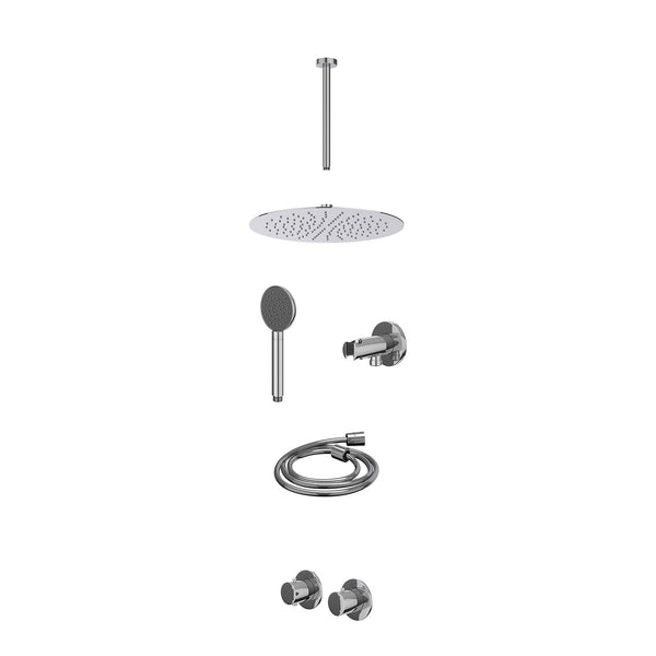 Excl. inbouwbox regendoucheset inbouwthermostaatkraan met 2-weg stop-omstel symmetry, 30cm plafondbuis, R30cmSL, houder met uitlaat, doucheslang 150cm en satin spray handdouche