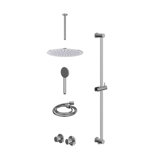 Excl. inbouwbox regendoucheset inbouwthermostaatkraan met 2-weg stop-omstel symmetry, 30cm plafondbuis, R30cmSL, glijstang met uitlaat, doucheslang 150cm en satin spray handdouche