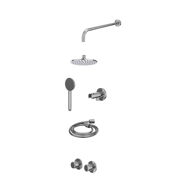 Excl. inbouwbox regendoucheset inbouwthermostaatkraan met 2-weg stop-omstel symmetry, 40cm wandarm, R20cmME, houder met uitlaat, doucheslang 150cm en satin spray handdouche