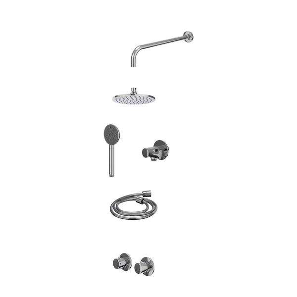 Excl. inbouwbox regendoucheset inbouwthermostaatkraan met 2-weg stop-omstel symmetry, 40cm wandarm, R20cmME, verstelbare steun met geïnt. uitlaat, doucheslang 150cm en satin spray handdouche