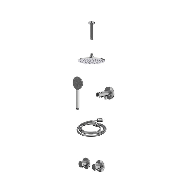 Excl. inbouwbox regendoucheset inbouwthermostaatkraan met 2-weg stop-omstel symmetry, 15cm plafondbuis, R20cmME, houder met uitlaat, doucheslang 150cm en satin spray handdouche
