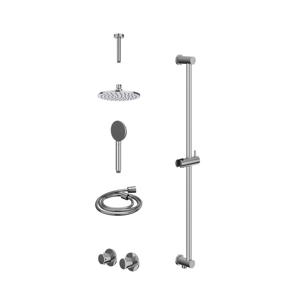 Excl. inbouwbox regendoucheset inbouwthermostaatkraan met 2-weg stop-omstel symmetry, 15cm plafondbuis, R20cmME, glijstang met uitlaat, doucheslang 150cm en satin spray handdouche