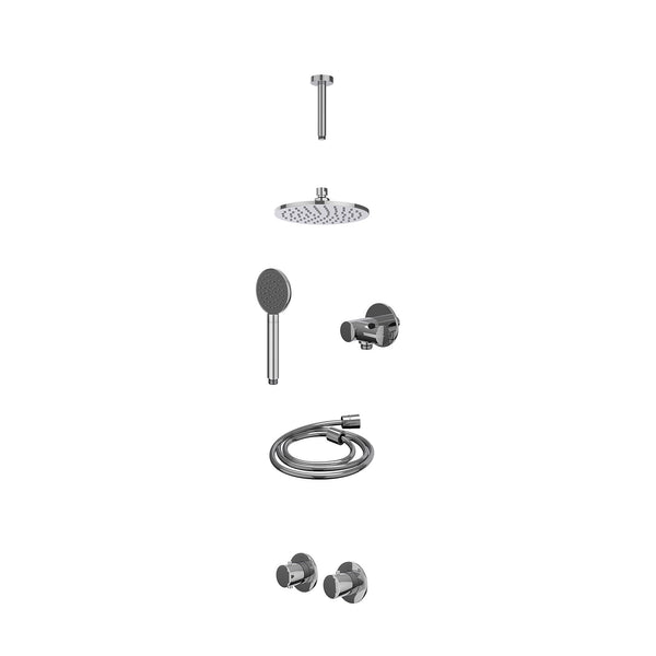 Excl. inbouwbox regendoucheset inbouwthermostaatkraan met 2-weg stop-omstel symmetry, 15cm plafondbuis, R20cmME, verstelbare steun met geïnt. uitlaat, doucheslang 150cm en satin spray handdouche