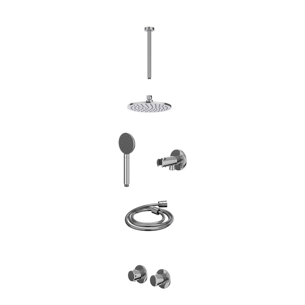 Excl. inbouwbox regendoucheset inbouwthermostaatkraan met 2-weg stop-omstel symmetry, 30cm plafondbuis, R20cmME, houder met uitlaat, doucheslang 150cm en satin spray handdouche