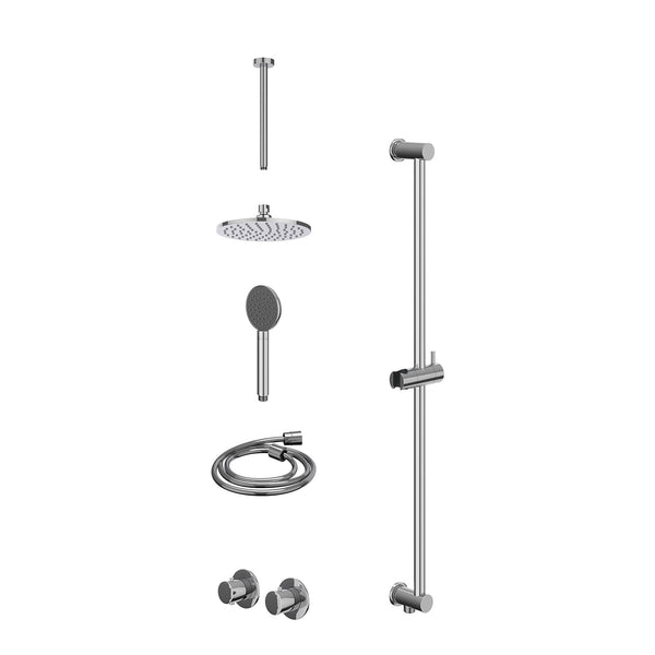 Excl. inbouwbox regendoucheset inbouwthermostaatkraan met 2-weg stop-omstel symmetry, 30cm plafondbuis, R20cmME, glijstang met uitlaat, doucheslang 150cm en satin spray handdouche