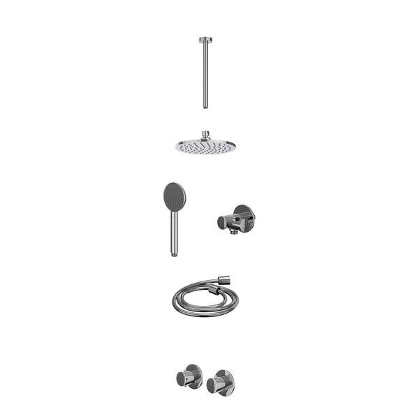 Excl. inbouwbox regendoucheset inbouwthermostaatkraan met 2-weg stop-omstel symmetry, 30cm plafondbuis, R20cmME, verstelbare steun met geïnt. uitlaat, doucheslang 150cm en satin spray handdouche