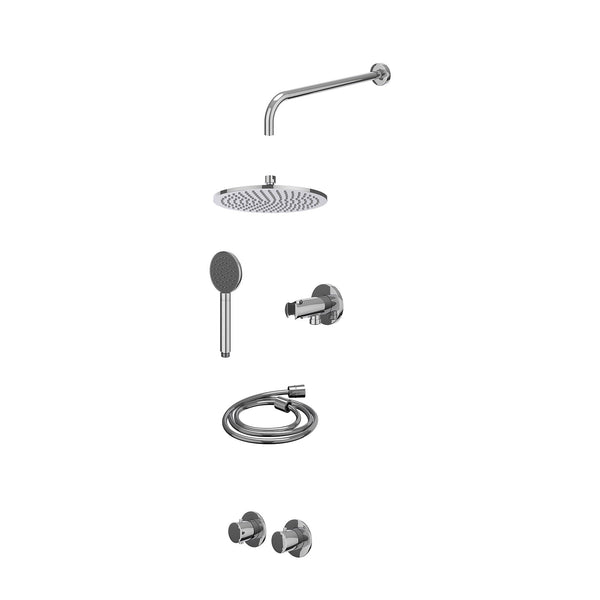 Excl. inbouwbox regendoucheset inbouwthermostaatkraan met 2-weg stop-omstel symmetry, 40cm wandarm, R25cmME, houder met uitlaat, doucheslang 150cm en satin spray handdouche