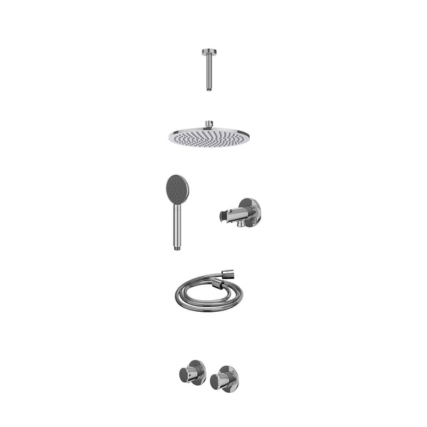 Excl. inbouwbox regendoucheset inbouwthermostaatkraan met 2-weg stop-omstel symmetry, 15cm plafondbuis, R25cmME, houder met uitlaat, doucheslang 150cm en satin spray handdouche