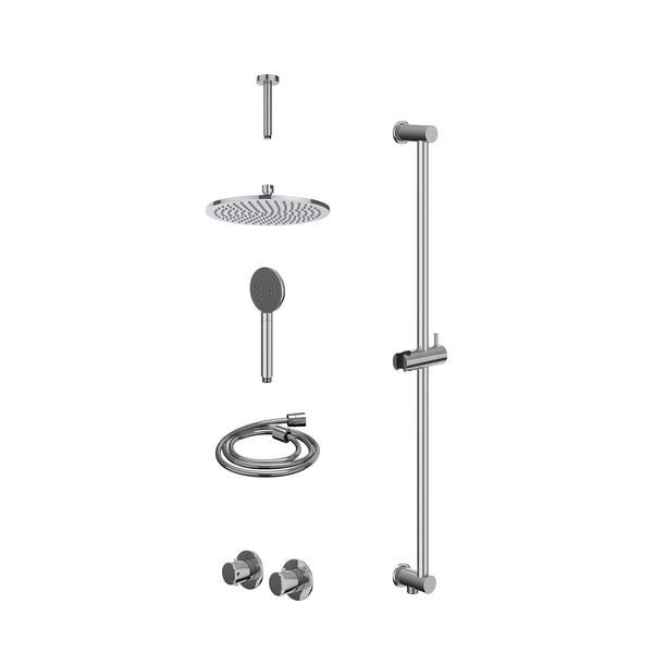 Excl. inbouwbox regendoucheset inbouwthermostaatkraan met 2-weg stop-omstel symmetry, 15cm plafondbuis, R25cmME, glijstang met uitlaat, doucheslang 150cm en satin spray handdouche