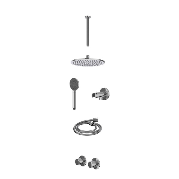 Excl. inbouwbox regendoucheset inbouwthermostaatkraan met 2-weg stop-omstel symmetry, 30cm plafondbuis, R25cmME, houder met uitlaat, doucheslang 150cm en satin spray handdouche