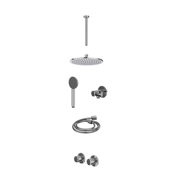 Excl. inbouwbox regendoucheset inbouwthermostaatkraan met 2-weg stop-omstel symmetry, 30cm plafondbuis, R25cmME, verstelbare steun met geïnt. uitlaat, doucheslang 150cm en satin spray handdouche