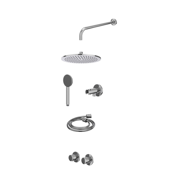 Excl. inbouwbox regendoucheset inbouwthermostaatkraan met 2-weg stop-omstel symmetry, 40cm wandarm, R30cmME, houder met uitlaat, doucheslang 150cm en satin spray handdouche