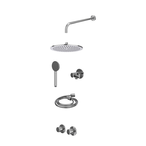 Excl. inbouwbox regendoucheset inbouwthermostaatkraan met 2-weg stop-omstel symmetry, 40cm wandarm, R30cmME, verstelbare steun met geïnt. uitlaat, doucheslang 150cm en satin spray handdouche