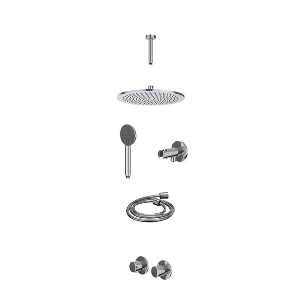 Excl. inbouwbox regendoucheset inbouwthermostaatkraan met 2-weg stop-omstel symmetry, 15cm plafondbuis, R30cmME, houder met uitlaat, doucheslang 150cm en satin spray handdouche