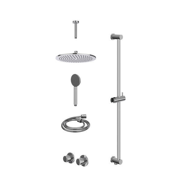 Excl. inbouwbox regendoucheset inbouwthermostaatkraan met 2-weg stop-omstel symmetry, 15cm plafondbuis, R30cmME, glijstang met uitlaat, doucheslang 150cm en satin spray handdouche