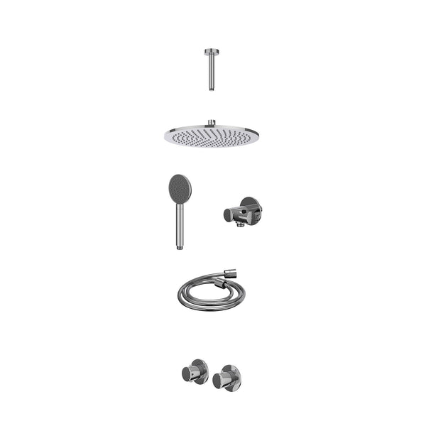 Excl. inbouwbox regendoucheset inbouwthermostaatkraan met 2-weg stop-omstel symmetry, 15cm plafondbuis, R30cmME, verstelbare steun met geïnt. uitlaat, doucheslang 150cm en satin spray handdouche