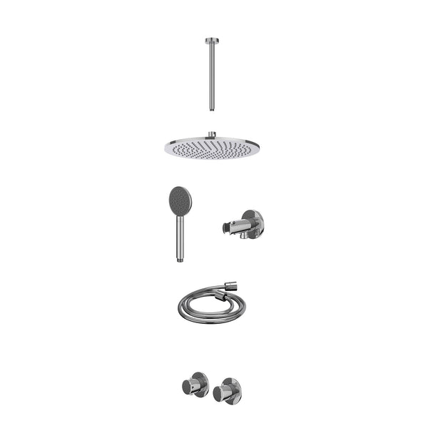 Excl. inbouwbox regendoucheset inbouwthermostaatkraan met 2-weg stop-omstel symmetry, 30cm plafondbuis, R30cmME, houder met uitlaat, doucheslang 150cm en satin spray handdouche