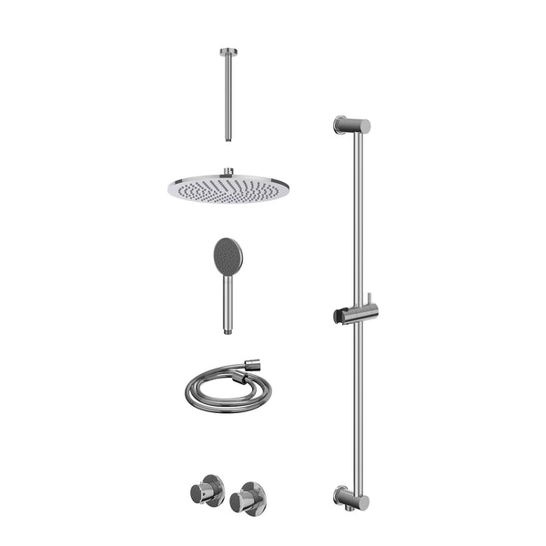 Excl. inbouwbox regendoucheset inbouwthermostaatkraan met 2-weg stop-omstel symmetry, 30cm plafondbuis, R30cmME, glijstang met uitlaat, doucheslang 150cm en satin spray handdouche