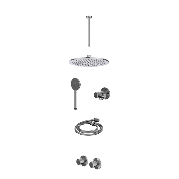 Excl. inbouwbox regendoucheset inbouwthermostaatkraan met 2-weg stop-omstel symmetry, 30cm plafondbuis, R30cmME, verstelbare steun met geïnt. uitlaat, doucheslang 150cm en satin spray handdouche