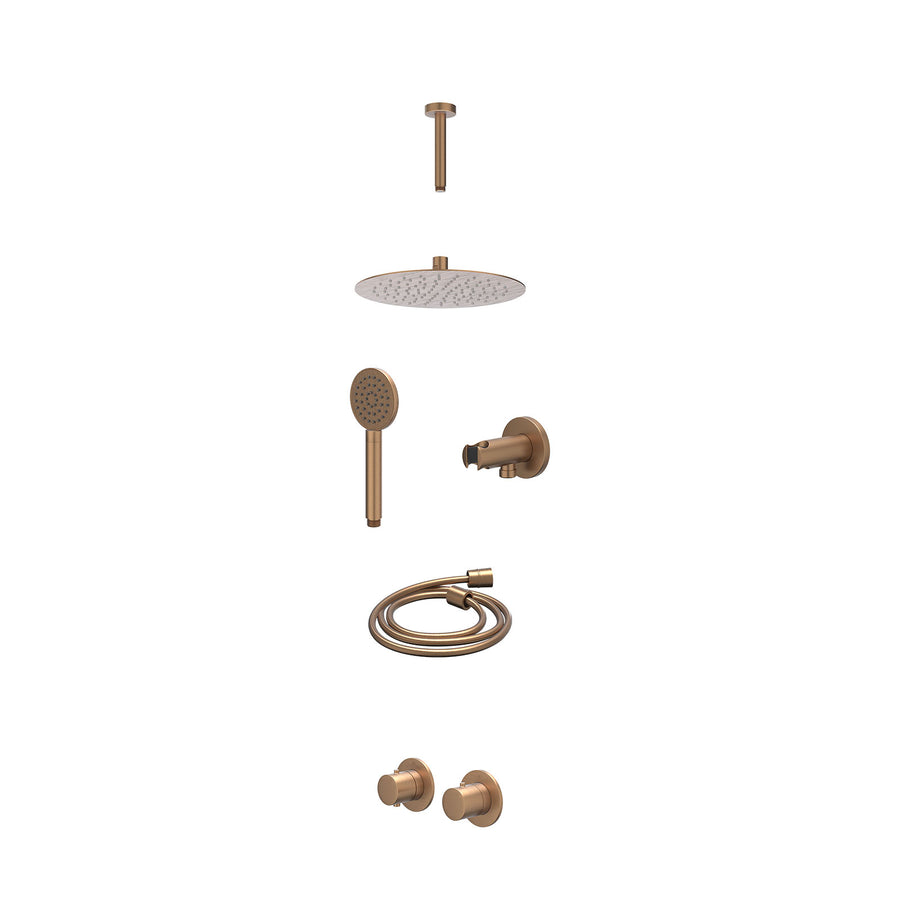 IVY Excl. inbouwbox regendoucheset inbouwthermostaatkraan met 2-weg stop-omstel symmetry, 15cm plafondbuis, R25cmSL, houder met uitlaat, doucheslang 150cm en satin spray handdouche