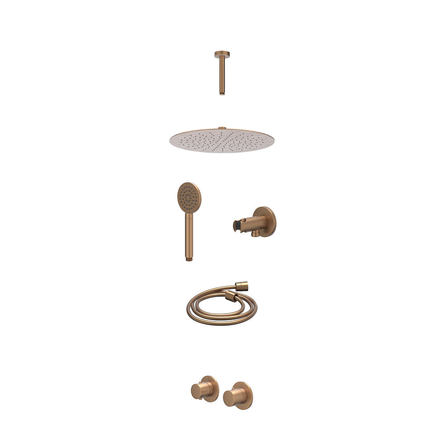 IVY Excl. inbouwbox regendoucheset inbouwthermostaatkraan met 2-weg stop-omstel symmetry, 15cm plafondbuis, R30cmSL, houder met uitlaat, doucheslang 150cm en satin spray handdouche