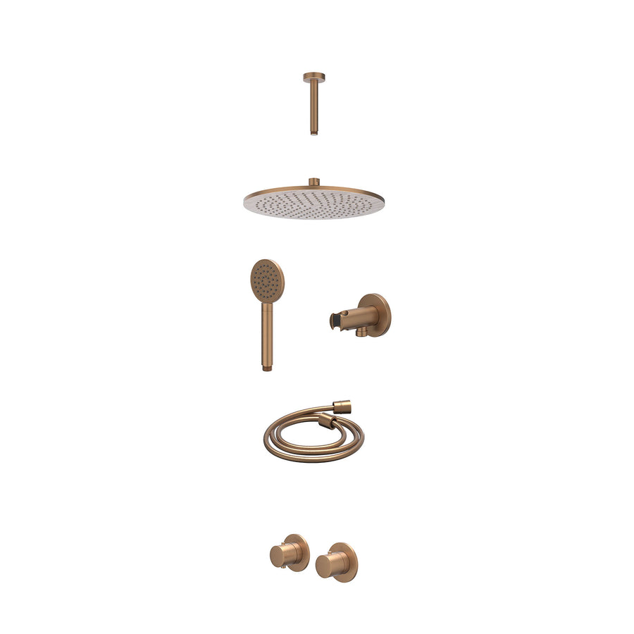 IVY Excl. inbouwbox regendoucheset inbouwthermostaatkraan met 2-weg stop-omstel symmetry, 15cm plafondbuis, R30cmME, houder met uitlaat, doucheslang 150cm en satin spray handdouche