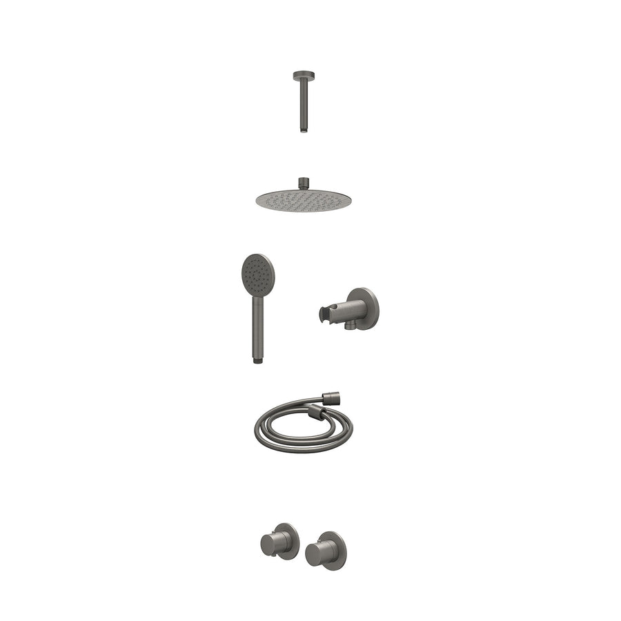 IVY Excl. inbouwbox regendoucheset inbouwthermostaatkraan met 2-weg stop-omstel symmetry, 15cm plafondbuis, R20cmSL, houder met uitlaat, doucheslang 150cm en satin spray handdouche