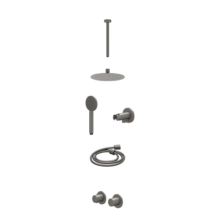 IVY Excl. inbouwbox regendoucheset inbouwthermostaatkraan met 2-weg stop-omstel symmetry, 30cm plafondbuis, R20cmSL, houder met uitlaat, doucheslang 150cm en satin spray handdouche