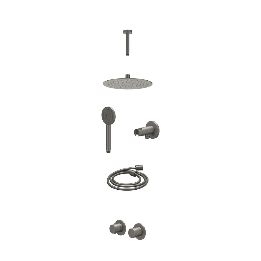 IVY Excl. inbouwbox regendoucheset inbouwthermostaatkraan met 2-weg stop-omstel symmetry, 15cm plafondbuis, R25cmSL, houder met uitlaat, doucheslang 150cm en satin spray handdouche