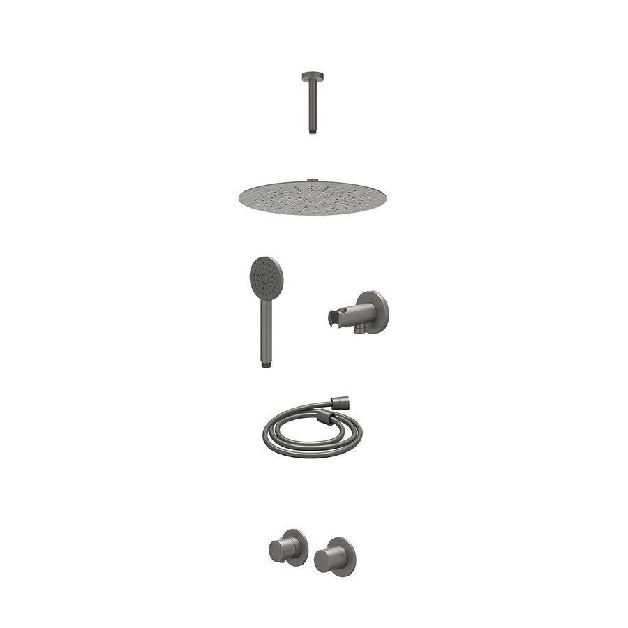 IVY Excl. inbouwbox regendoucheset inbouwthermostaatkraan met 2-weg stop-omstel symmetry, 15cm plafondbuis, R30cmSL, houder met uitlaat, doucheslang 150cm en satin spray handdouche