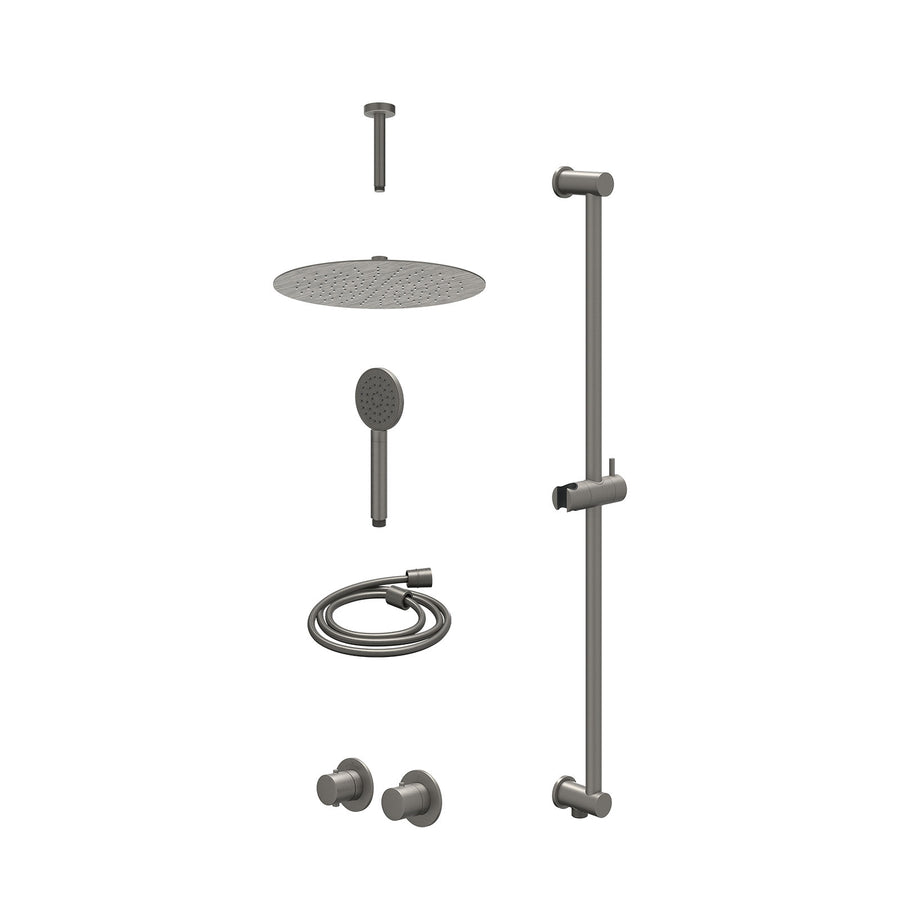 IVY Excl. inbouwbox regendoucheset inbouwthermostaatkraan met 2-weg stop-omstel symmetry, 15cm plafondbuis, R30cmSL, glijstang met uitlaat, doucheslang 150cm en satin spray handdou